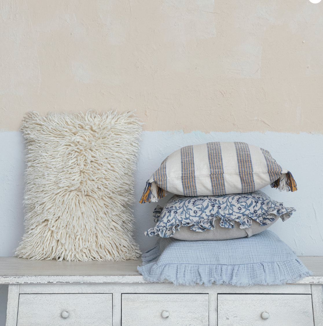 20" Square Cotton Double Cloth Pillow w/ Ruffled Edge