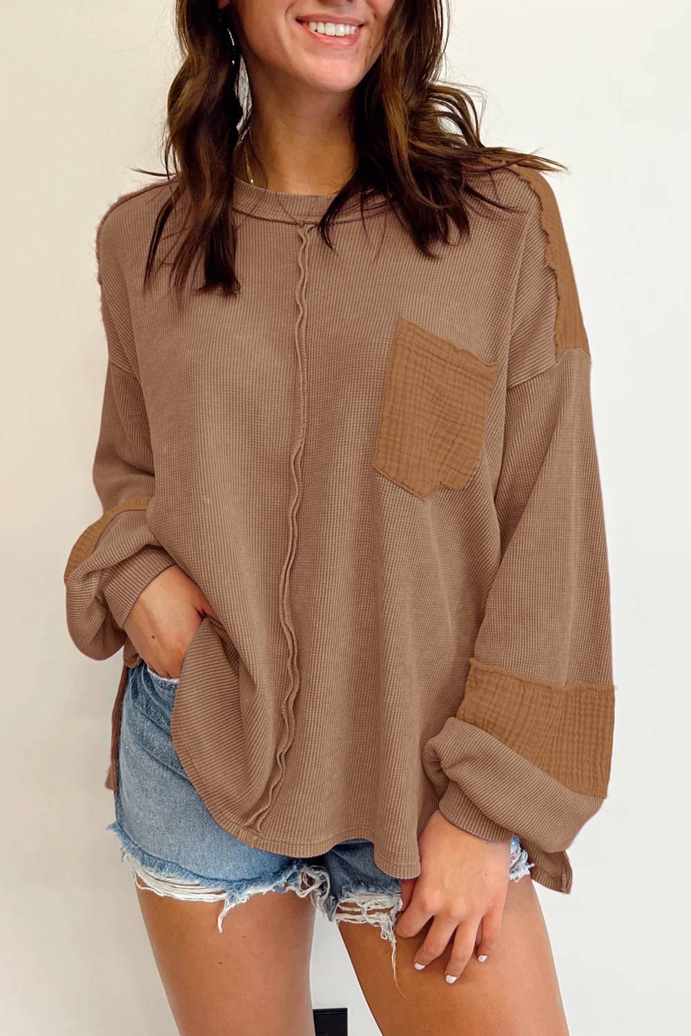 Exposed Seam Sleeve Waffle Knit Top