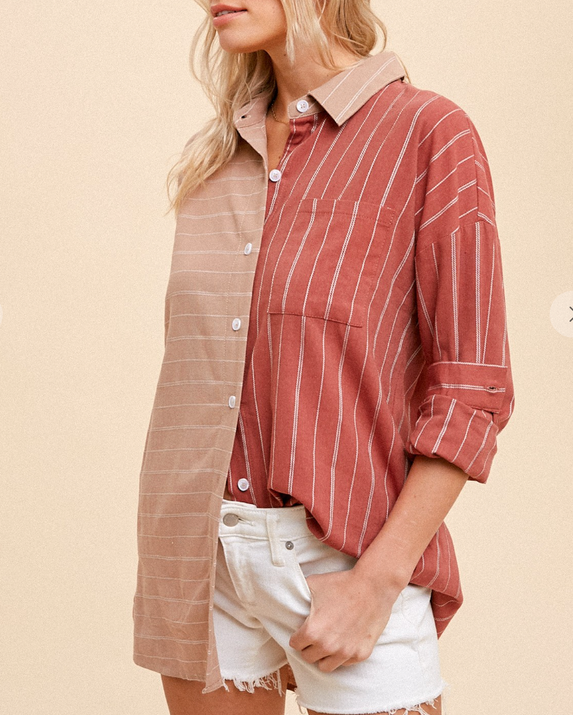 Striped Long Color Block Button Up