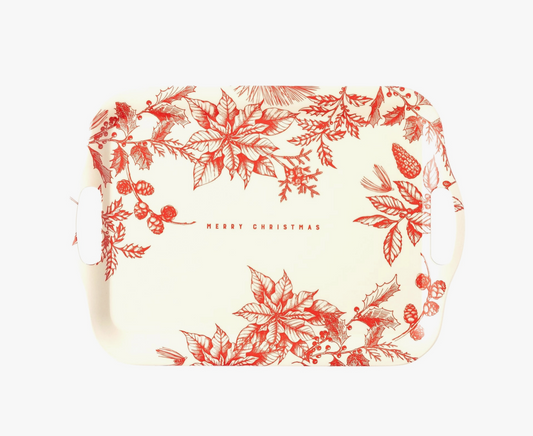 Red Floral Merry Christmas Reusable Bamboo Tray