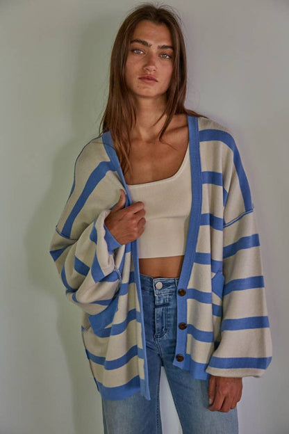 Striped Plunged V-Neck Cardigan